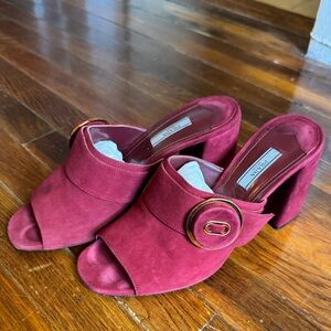 Prada Burgundy Suede Mules with Gold Buckle 2010s